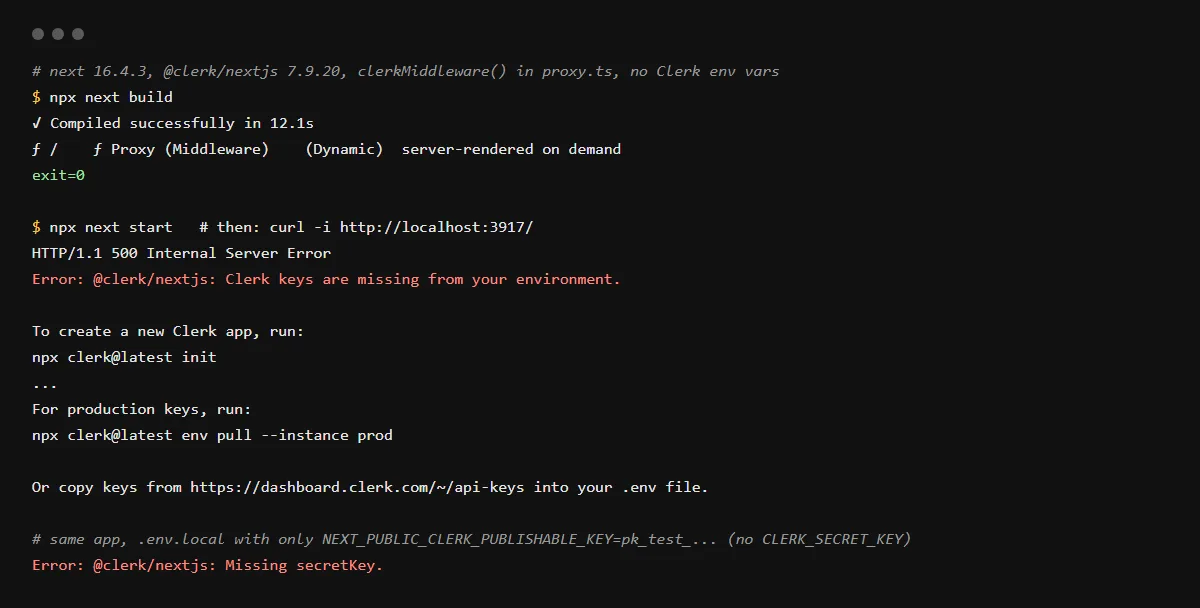 A Next.js 16.4.3 app with @clerk/nextjs 7.9.20 and no Clerk keys: next build exits 0, then every request returns 500 with Clerk keys are missing from your environment; with only a publishable key it says Missing secretKey.