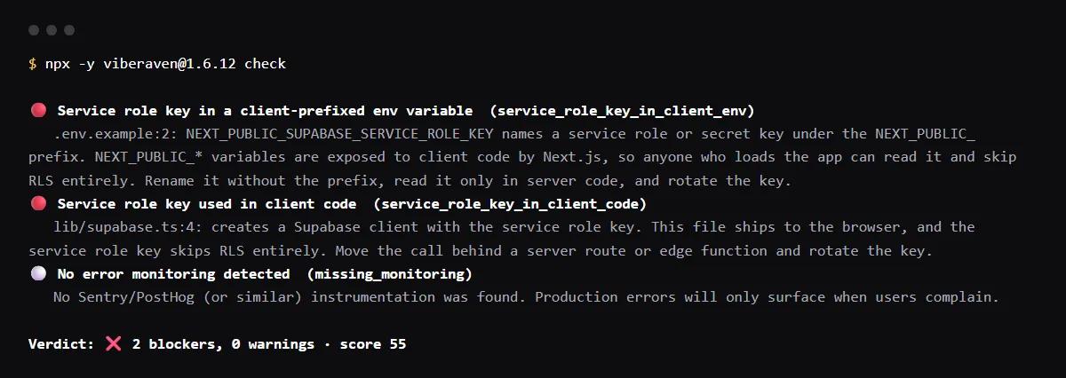 Terminal output of npx viberaven check on a Next.js fixture repo: NEXT_PUBLIC_SUPABASE_SERVICE_ROLE_KEY in .env.example and a service role client in a client file, both reported as blockers.