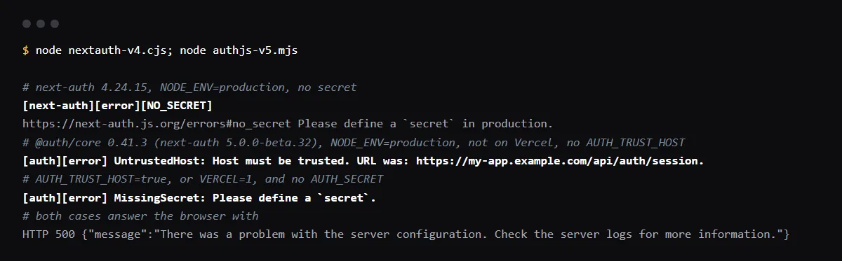 next-auth 4.24.15 in production logs NO_SECRET; @auth/core 0.41.3 logs UntrustedHost off Vercel and MissingSecret with AUTH_TRUST_HOST or VERCEL set; the browser gets HTTP 500 with a server configuration message.