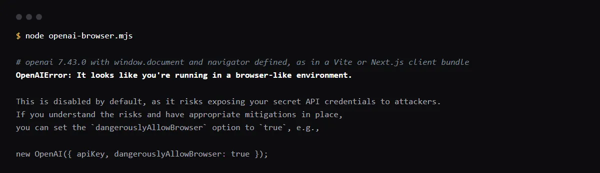 openai 7.43.0 with window.document and navigator defined: new OpenAI throws OpenAIError, It looks like you are running in a browser-like environment, and names the dangerouslyAllowBrowser option.