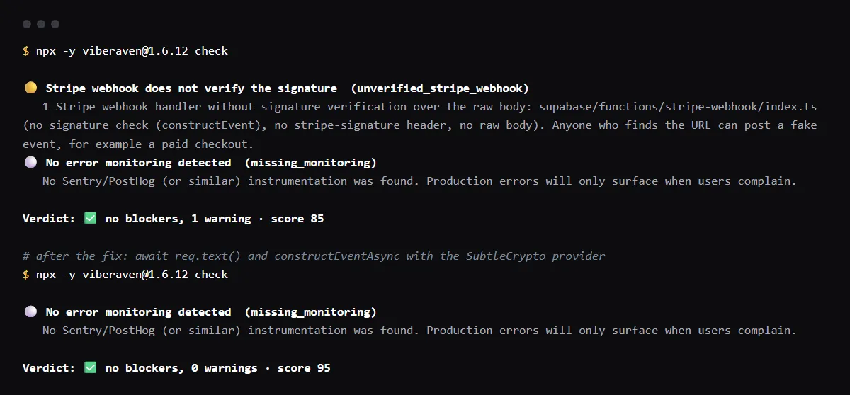 npx viberaven check on a Vite + Supabase fixture whose stripe-webhook Edge Function reads req.json() and never verifies: unverified_stripe_webhook. After switching to constructEventAsync, the warning is gone.