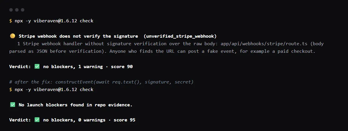 npx viberaven check on a Next.js fixture whose Stripe route passes JSON.stringify(await req.json()) to constructEvent: unverified_stripe_webhook. After switching to await req.text(), no warnings.