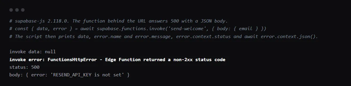 supabase-js 2.118.0 calling functions.invoke on a function that answers 500: data is null, the error is FunctionsHttpError with this message, and error.context holds status 500 and the JSON body naming the missing secret.