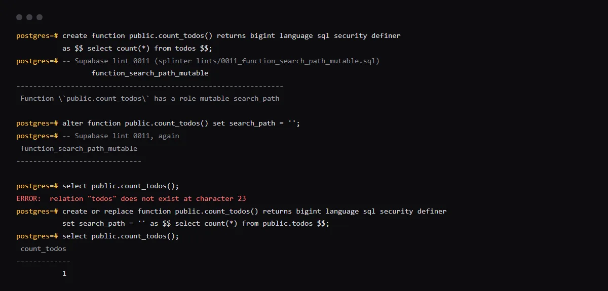 psql output from a Supabase Postgres 17.11 container: lint 0011 flags count_todos, and an empty search_path clears the lint but the call fails because todos does not resolve. The rewrite that reads public.todos returns 1.