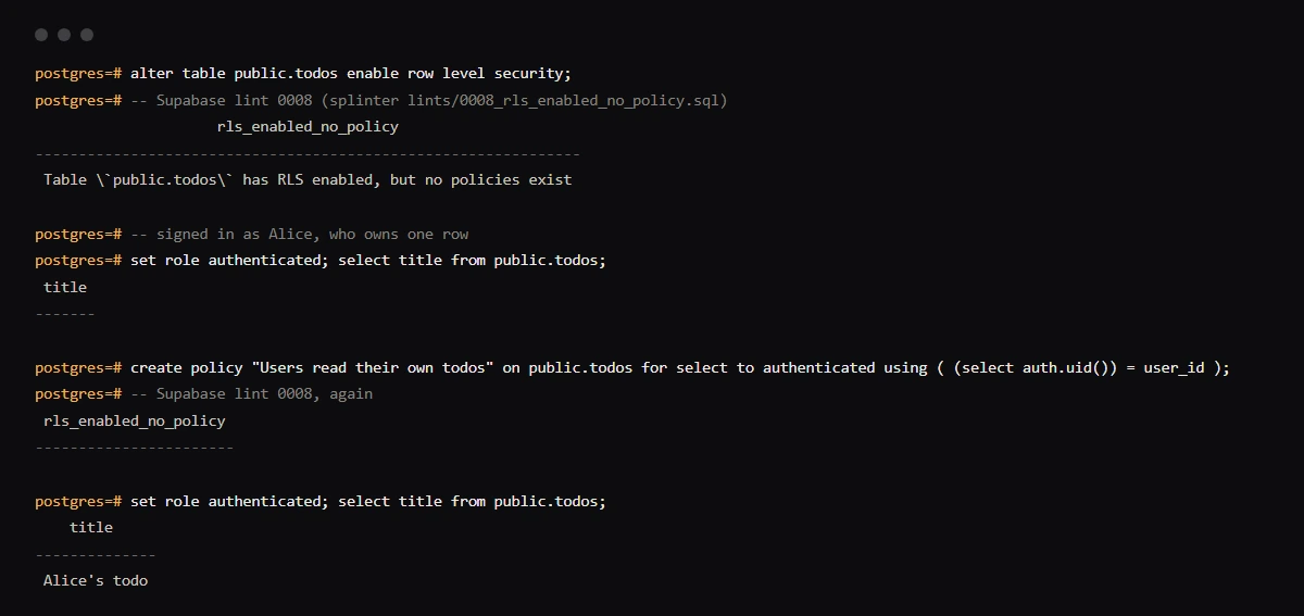 psql output from a Supabase Postgres 17.11 container: lint 0008 flags public.todos and a signed-in user reads no rows. After a select policy, the lint returns nothing and the user reads their own todo.