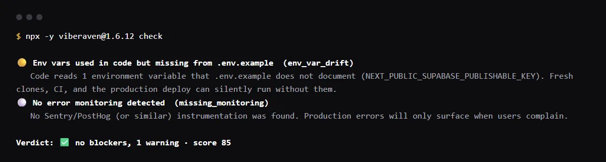 Terminal output of npx viberaven check on a Next.js fixture repo whose browser client reads NEXT_PUBLIC_SUPABASE_PUBLISHABLE_KEY while .env.example lists only the anon key name, flagged as a variable the template does not list.