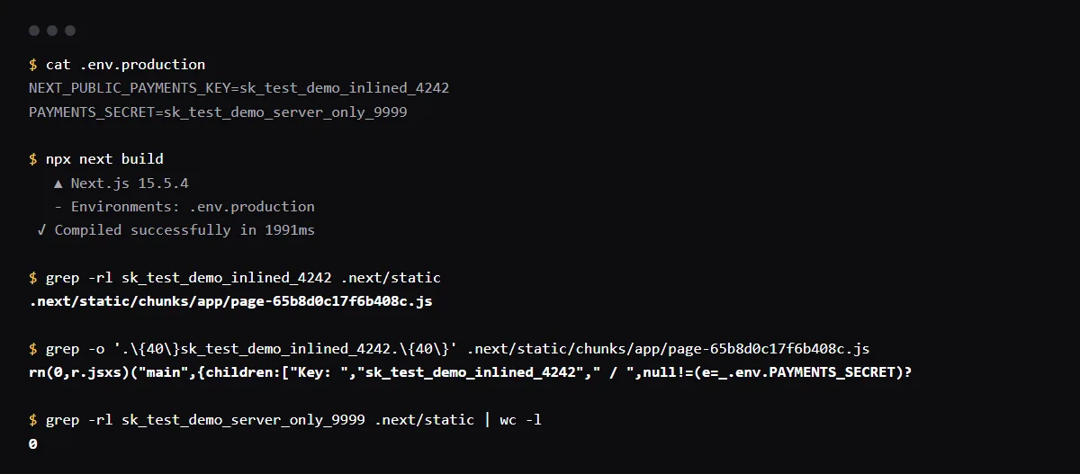 Terminal output of a local next build: the NEXT_PUBLIC_PAYMENTS_KEY value is found as a string in a .next/static chunk, while the unprefixed PAYMENTS_SECRET value is in no browser file.