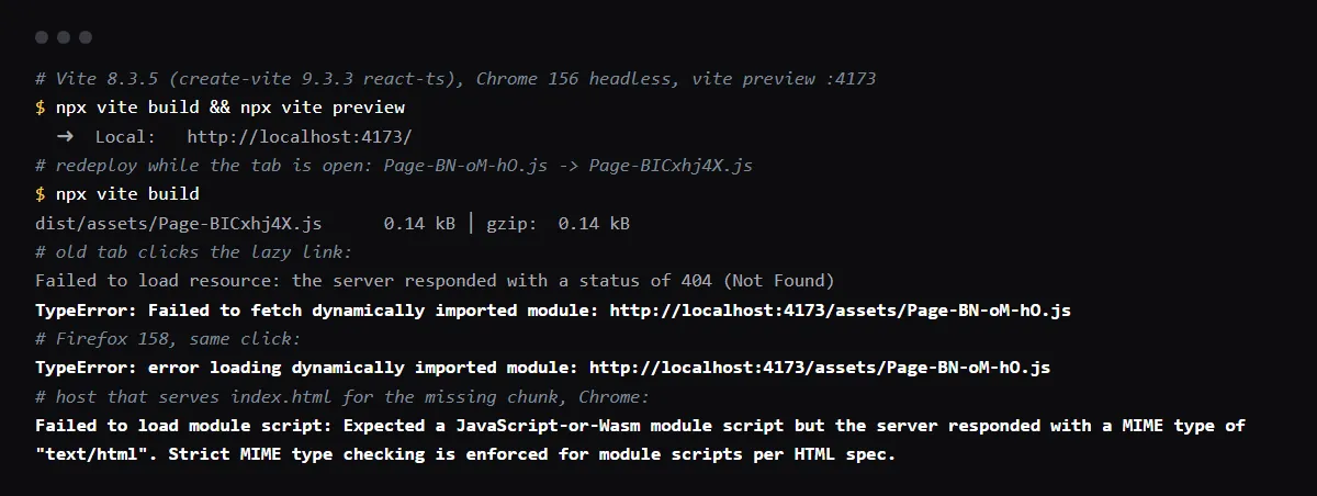 Vite 8.3.5: after a rebuild renames the lazy chunk, an open tab gets 404 and TypeError Failed to fetch dynamically imported module in Chrome, error loading dynamically imported module in Firefox, and a MIME type error when the host serves index.html.